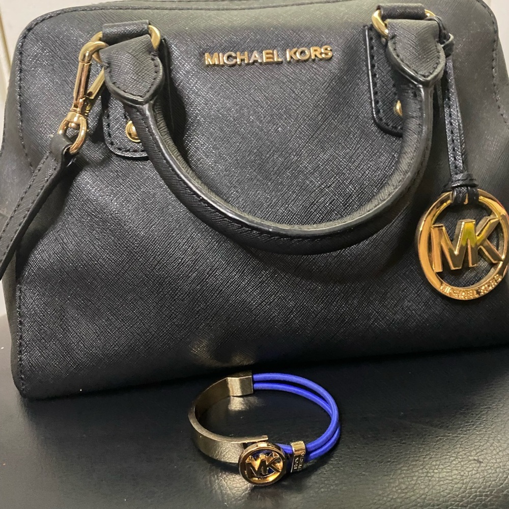 Michael Kors Black Bag with Gold Accents free MK bracelet included 11”W/7”H